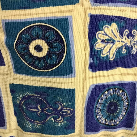 Cute Oversized 90s 2-Button Teal and Blue Pattern Golf Shirt - Size S (Fits XL) - Picture 9 of 10